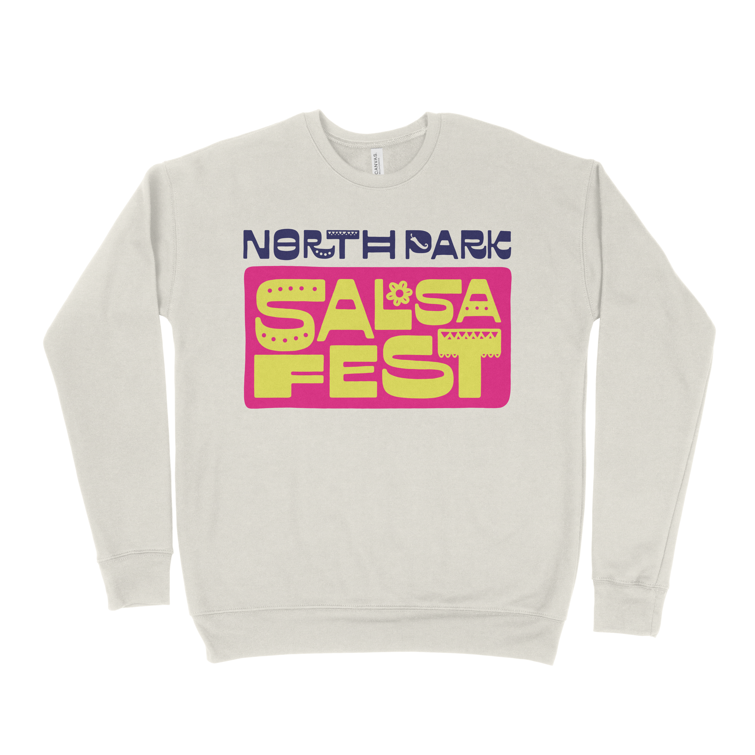 Long-sleeve beige sweatshirt with colorful text and graphics that read 'North Park Salsa Fest', with 'North Park' in dark blue and 'Salsa Fest' in yellow and pink, decorated with small designs.
