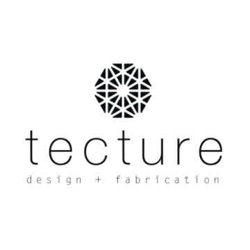Logo with a geometric circular design above the word "tecture" and the phrase "design + fabrication" below.