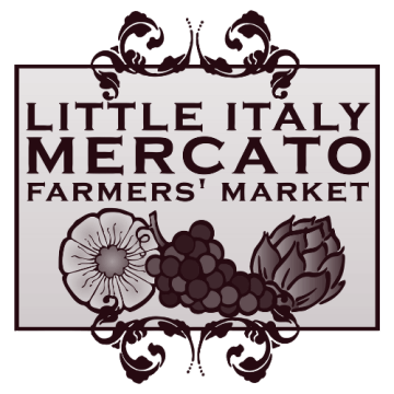 Sign for Little Italy Mercato Farmers' Market with illustrations of a flower, grapes, and an artichoke.