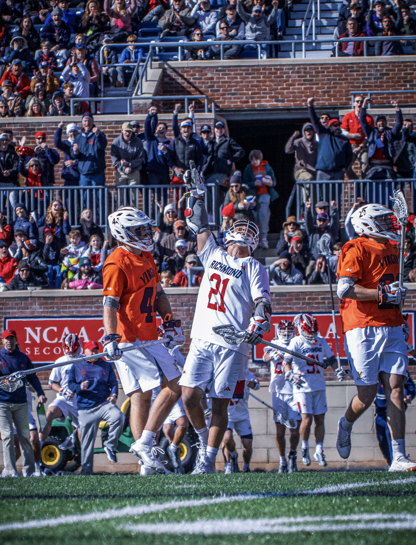 Lacrosse players celebrating on the field while fans cheer from the stands.