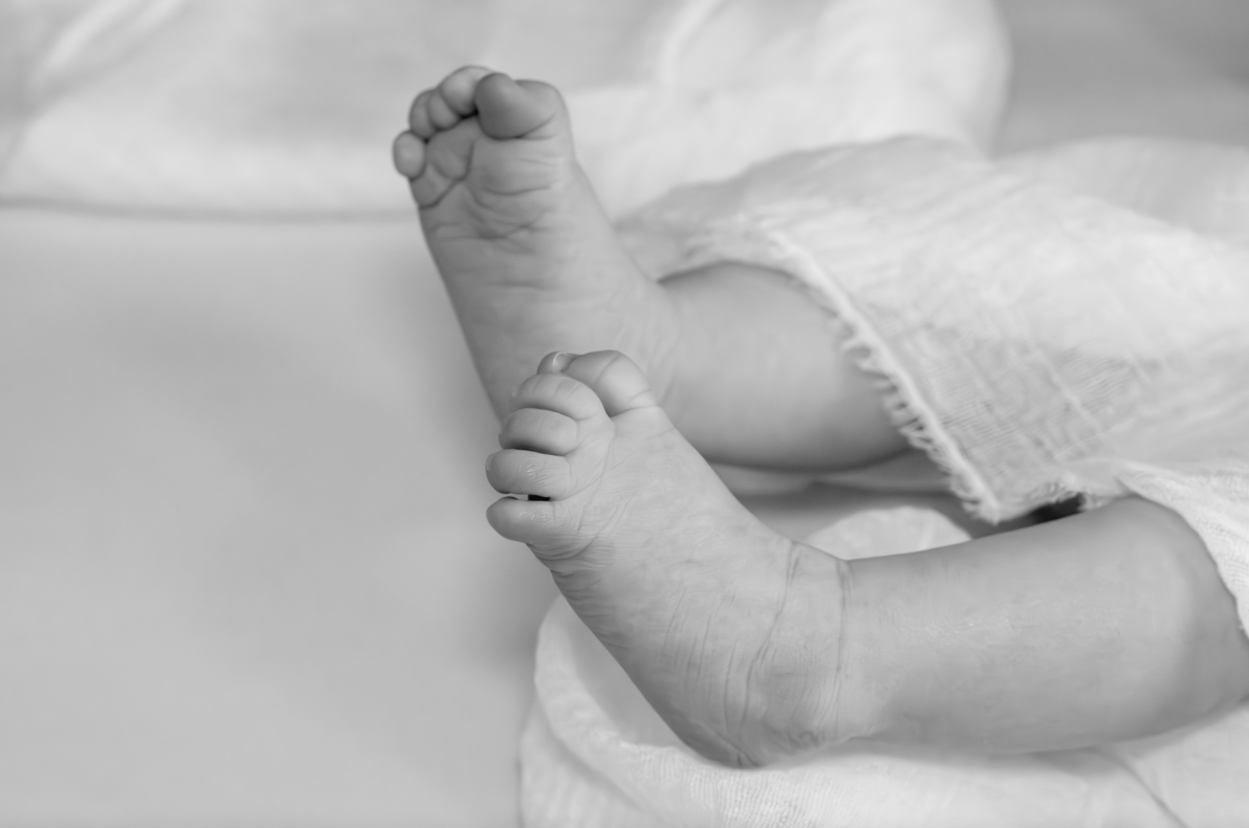 Close-up of newborn baby's tiny feet with curled toes, wrapped in a soft cloth, in black and white. Ocean County, Newborn photography