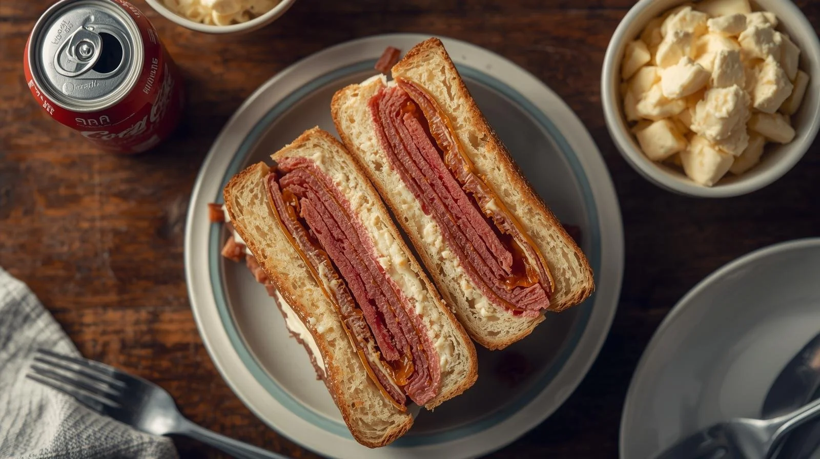 Reuben sandwich with layers of smoked beef, mustard and bread served on a plate, with side bowls of potato salad and a can of soda, on a wooden table with a fork.