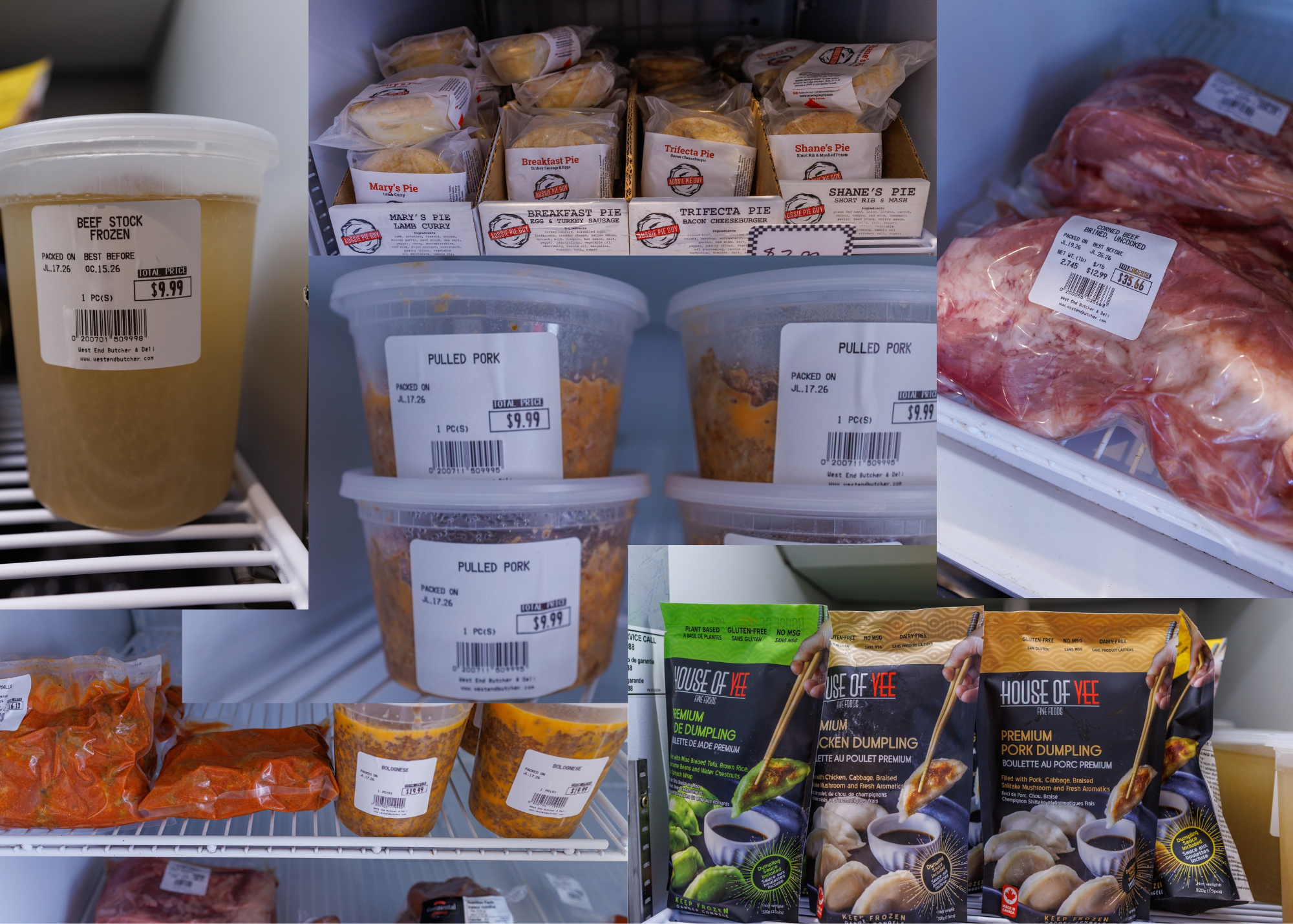 Frozen beef stock in a plastic container, several packaged pies including breakfast pie, trifecta pie, Mary’s pie, Shane’s pie, and containers of pulled pork, along with frozen beef in a plastic bag and bags of frozen pork dumplings in grocery freezer.