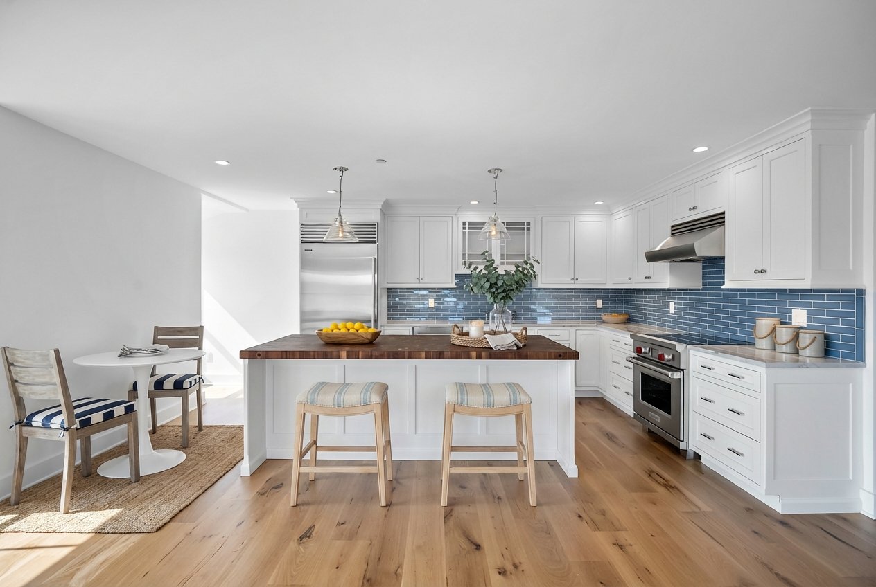 Modern white kitchen with blue tile backsplash, stainless steel appliances, and wooden countertops, with a small dining area on the left.