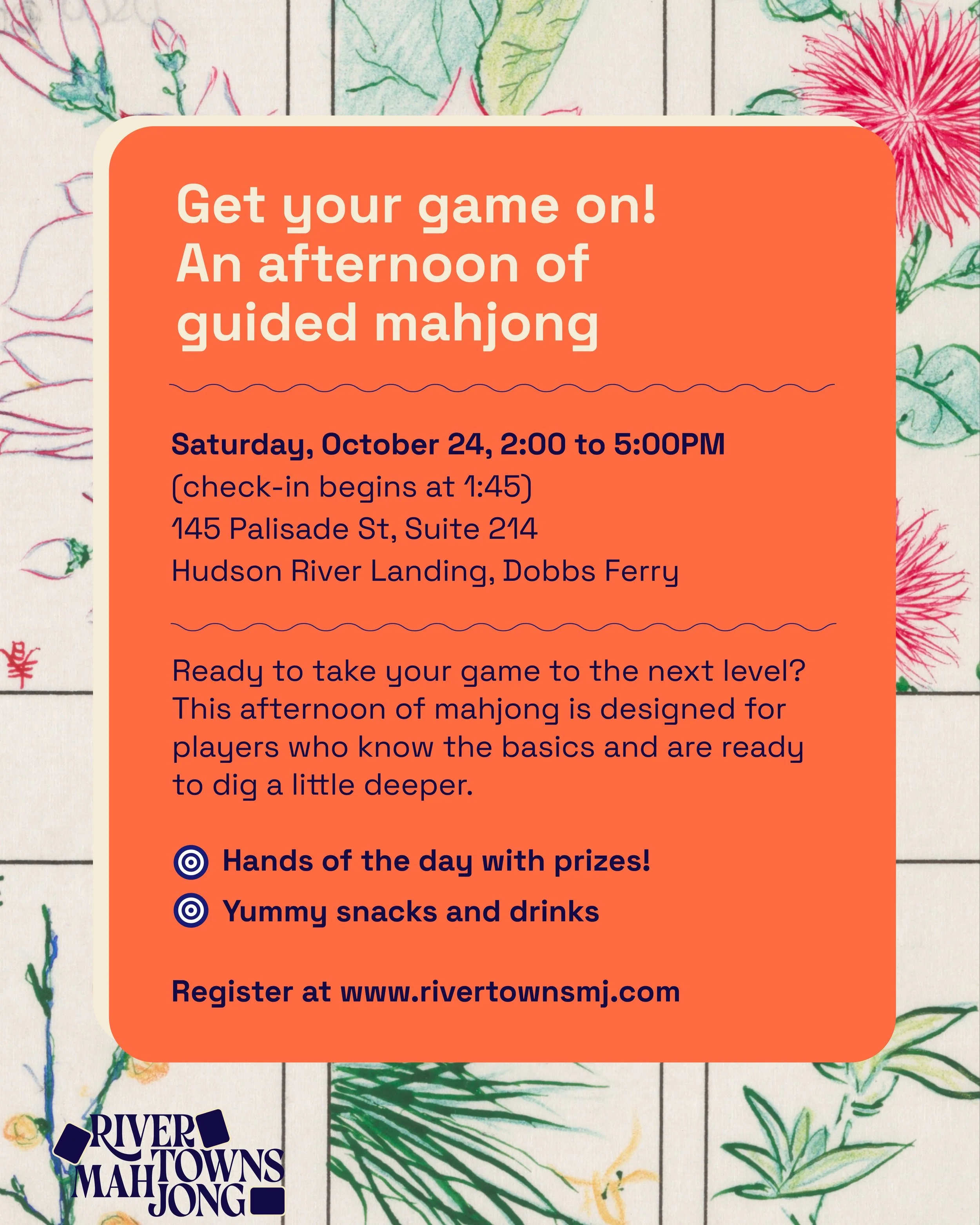 Only 4 spots left!

Ready to take your game to the next level? This afternoon of mahjong is designed for players who know the basics and are ready to dig a little deeper.

We're keeping this group intentionally small so we can move around the room, a