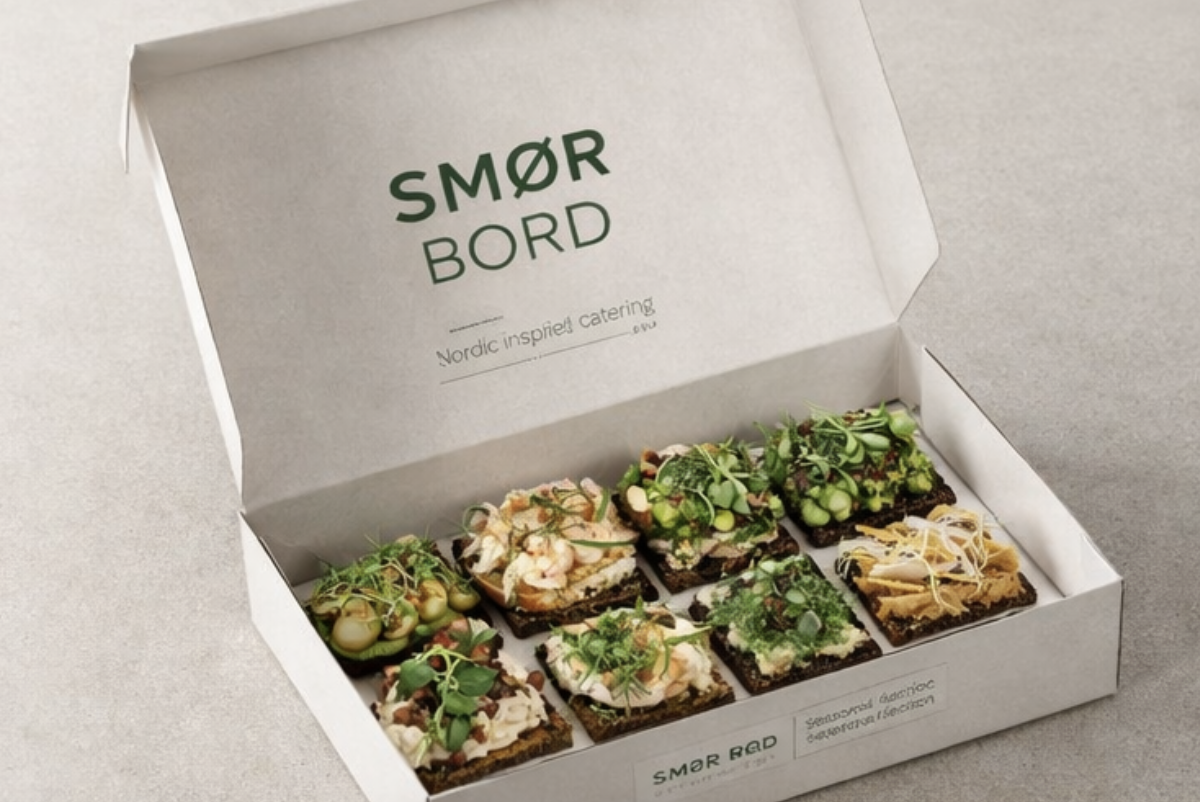 Open white box with nine small, decorated crispy snacks on a light surface. The inside of the lid reads "SMØR BORD" and "Nordic inspired catering." Each snack is topped with colorful garnishes, herbs, and other ingredients.