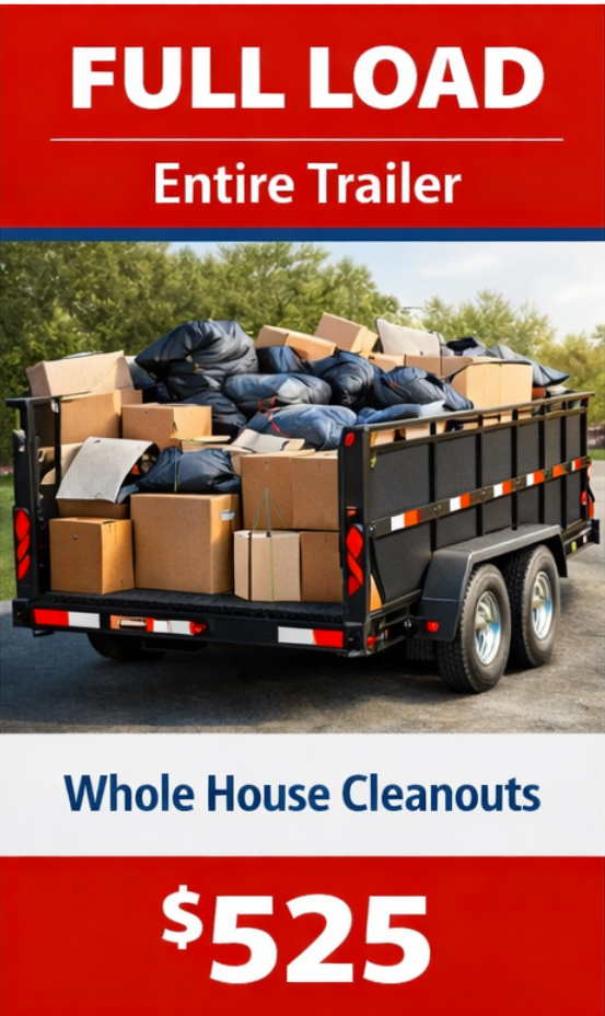 A trailer full of packed boxes and bags for a full house cleaning service advertisement.
