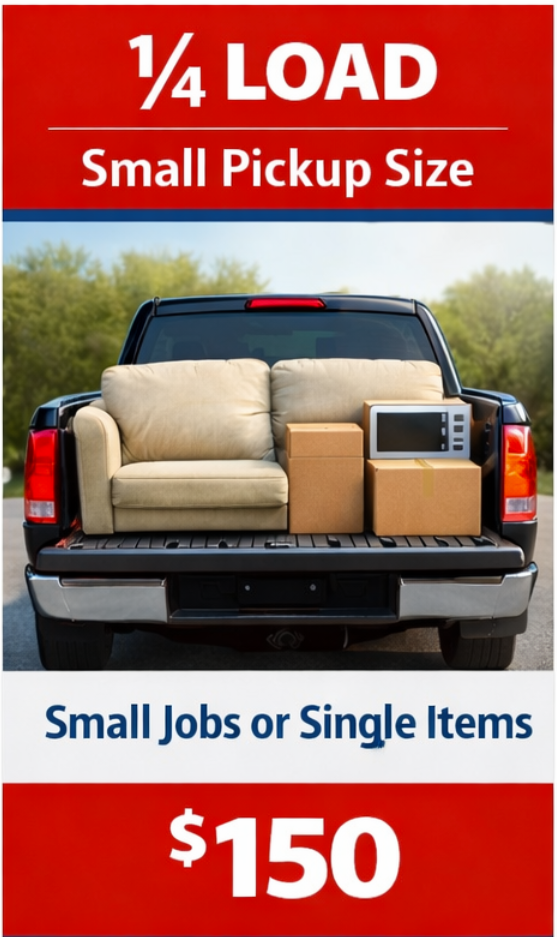 A pickup truck carrying a beige couch, a microwave, and two cardboard boxes, with text indicating a small load, small job, or single item for $150.