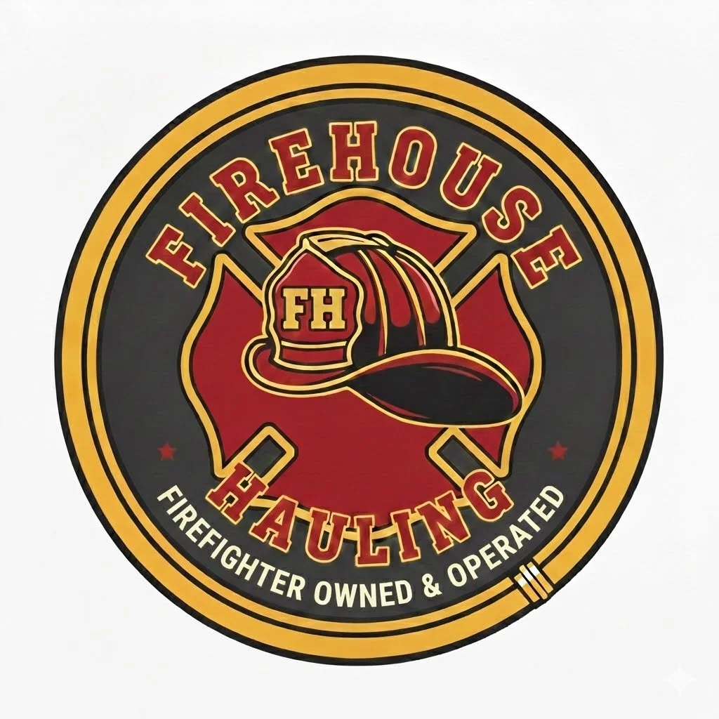 Firefighter emblem featuring a firefighter helmet with initials 'FH', a fire hose, and crossed axes, with the words 'FIREHOUSE HAULING' and 'FIREFIGHTER OWNED & OPERATED' around the border.