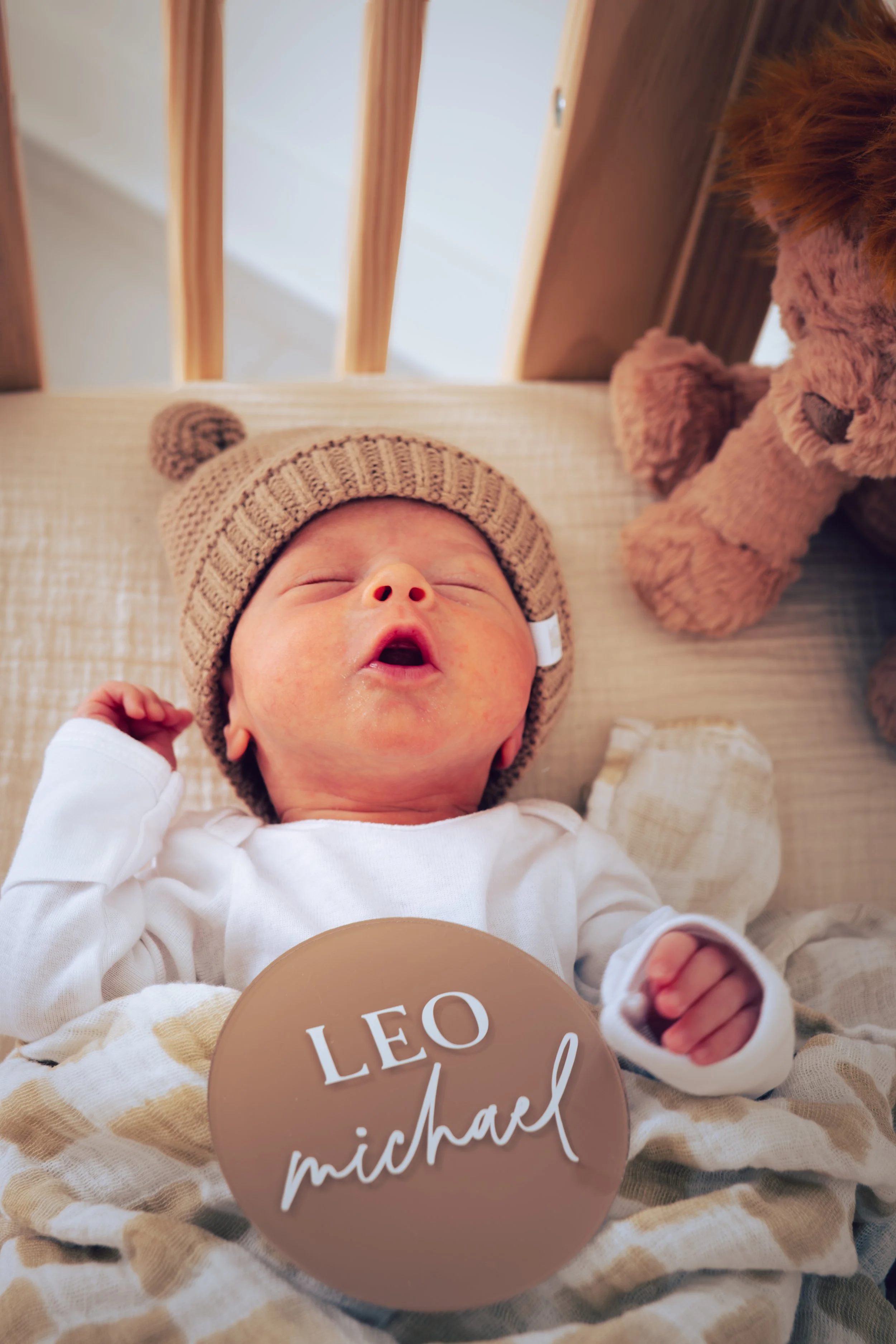 A newborn baby wearing a beige knit hat with a pom-pom, lying on a crib with a beige and white blanket, with a plush teddy bear nearby, and a circular sign with the names 'Leo Michael' on the baby's chest.