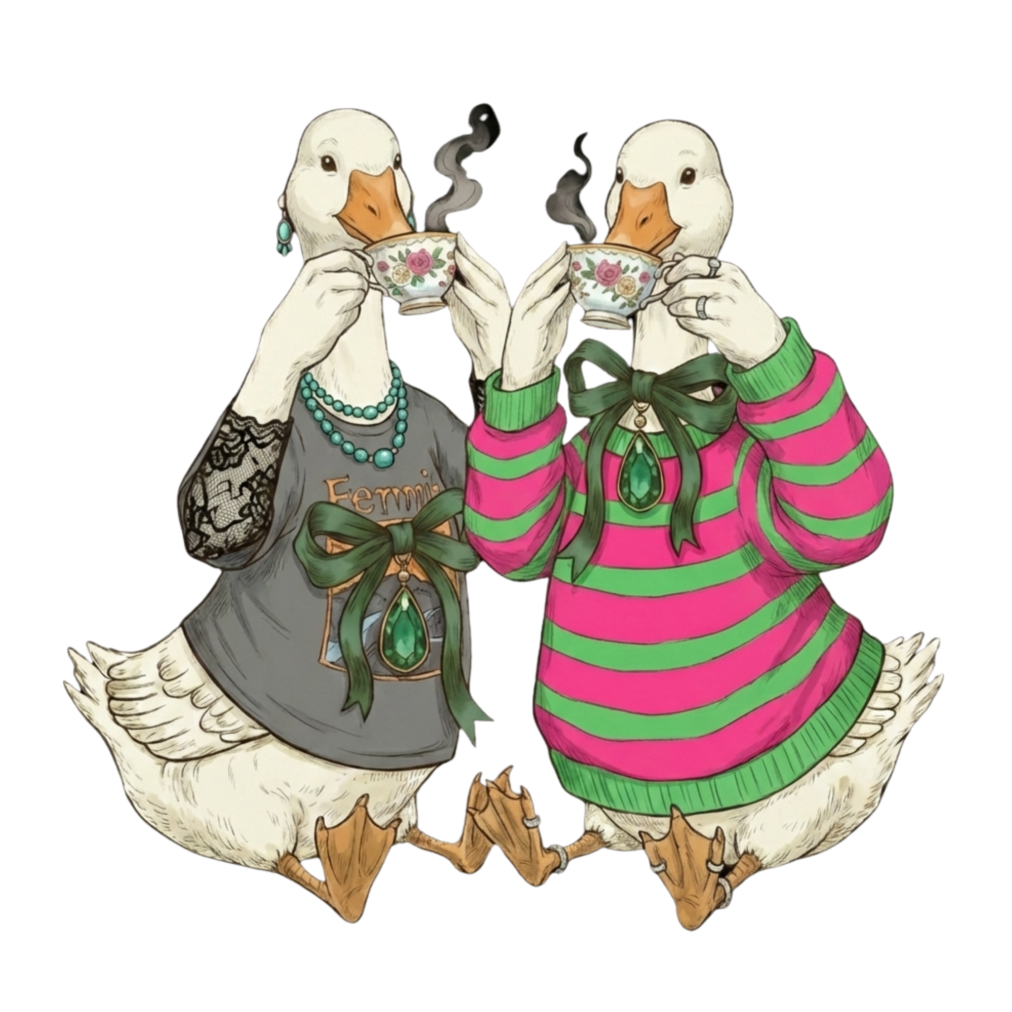 Two anthropomorphic ducks dressed in fashionable clothing, holding teacups, and standing close together on a black background.