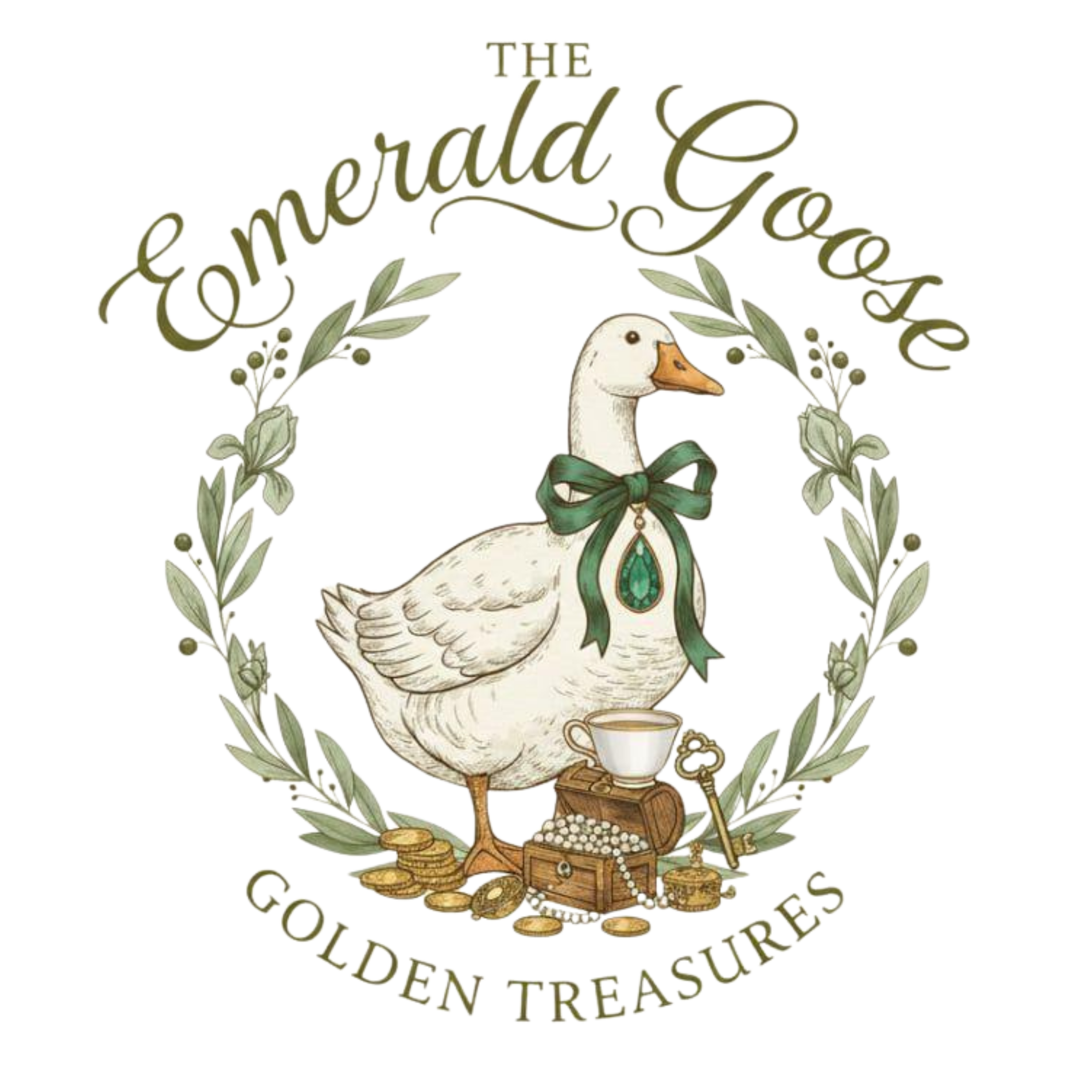 A decorative illustration of a goose with a green bow around its neck, standing among gold coins, a key, a small chest, and a cup. The goose is surrounded by a laurel wreath with the text 'The Emerald Goose' at the top and 'Golden Treasures' at the bottom.