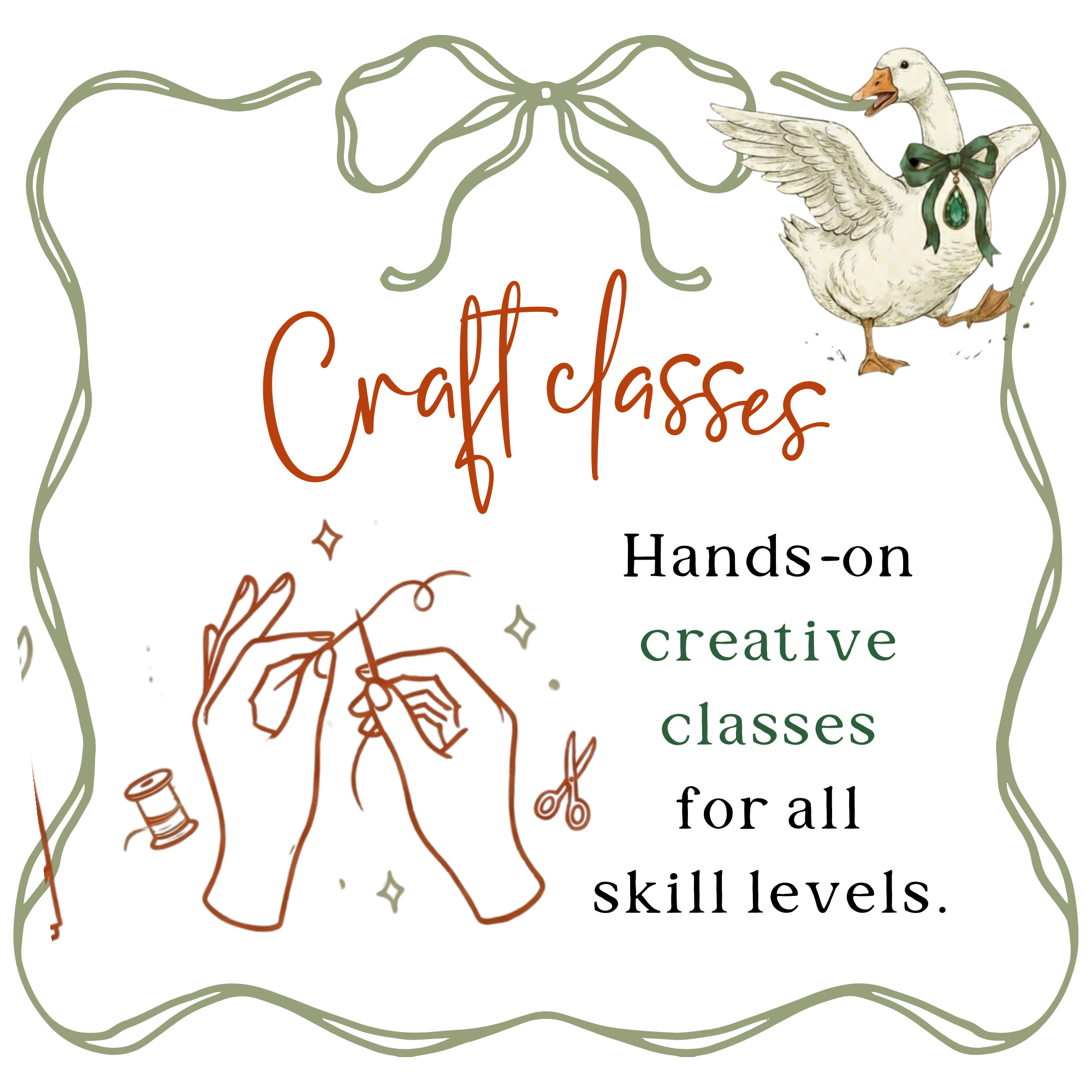 Decorative Christmas image featuring a dancing hand, a sock with scissors, a white goose with a bow, and holiday ornaments