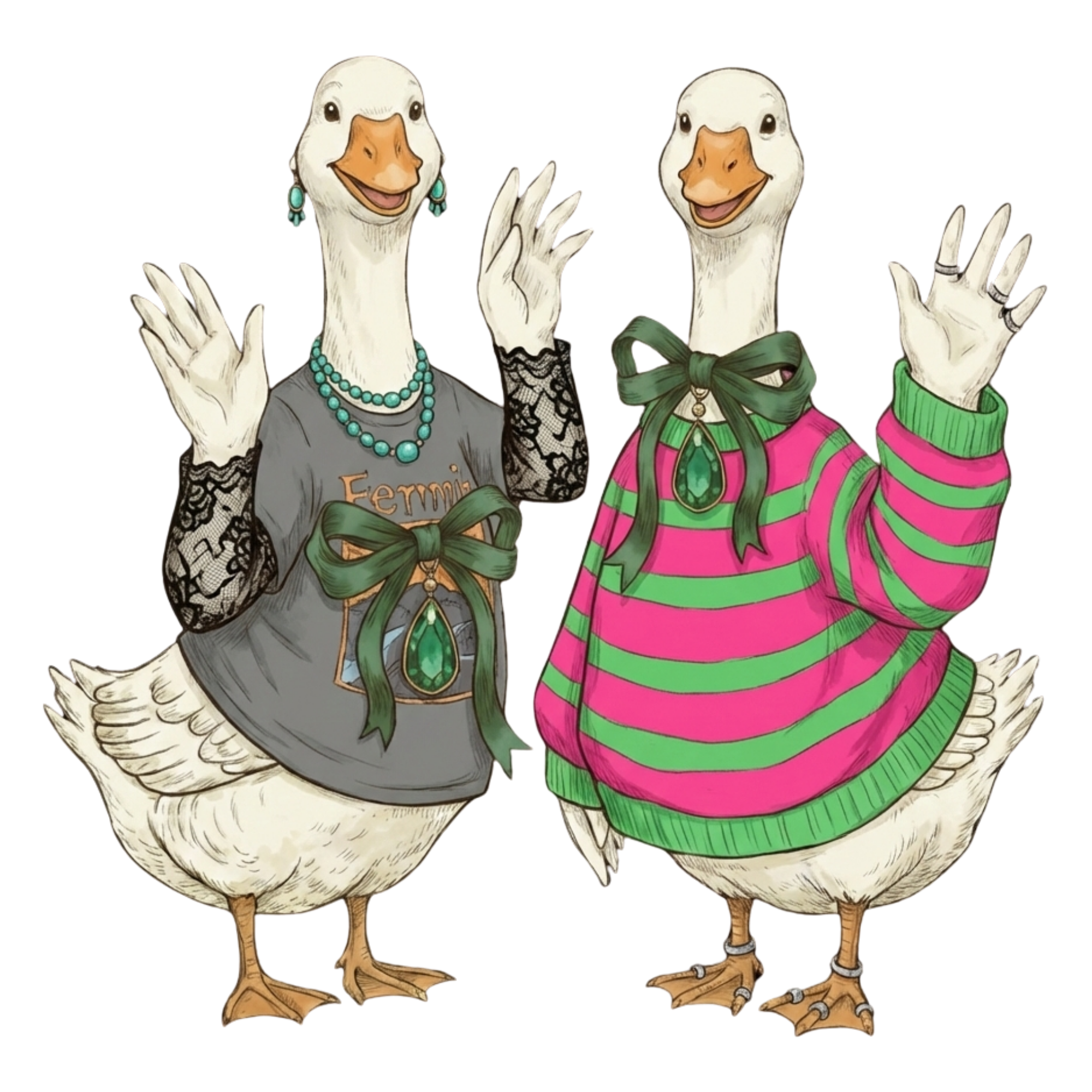 Two animated female ducks dressed in fashionable, colorful clothing and jewelry, waving and standing side by side.