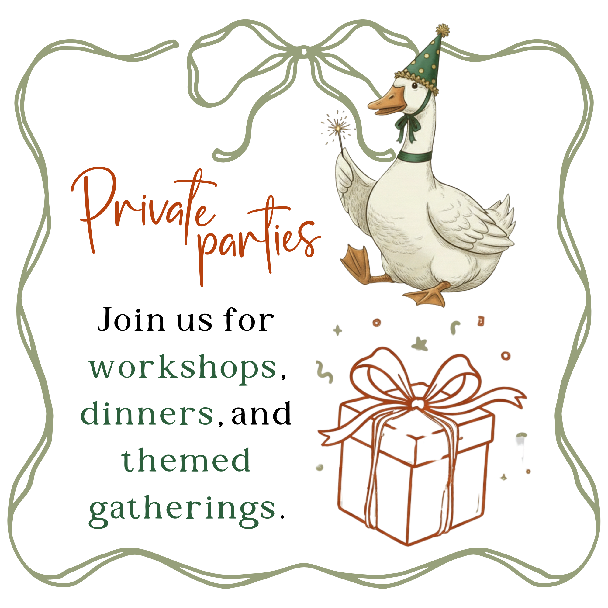 A festive holiday illustration featuring a goose wearing a party hat, holding a sparkler, next to a wrapped gift with a red ribbon and bow. Text reads: 'Wishing you a Merry Christmas and a Happy New Year!'