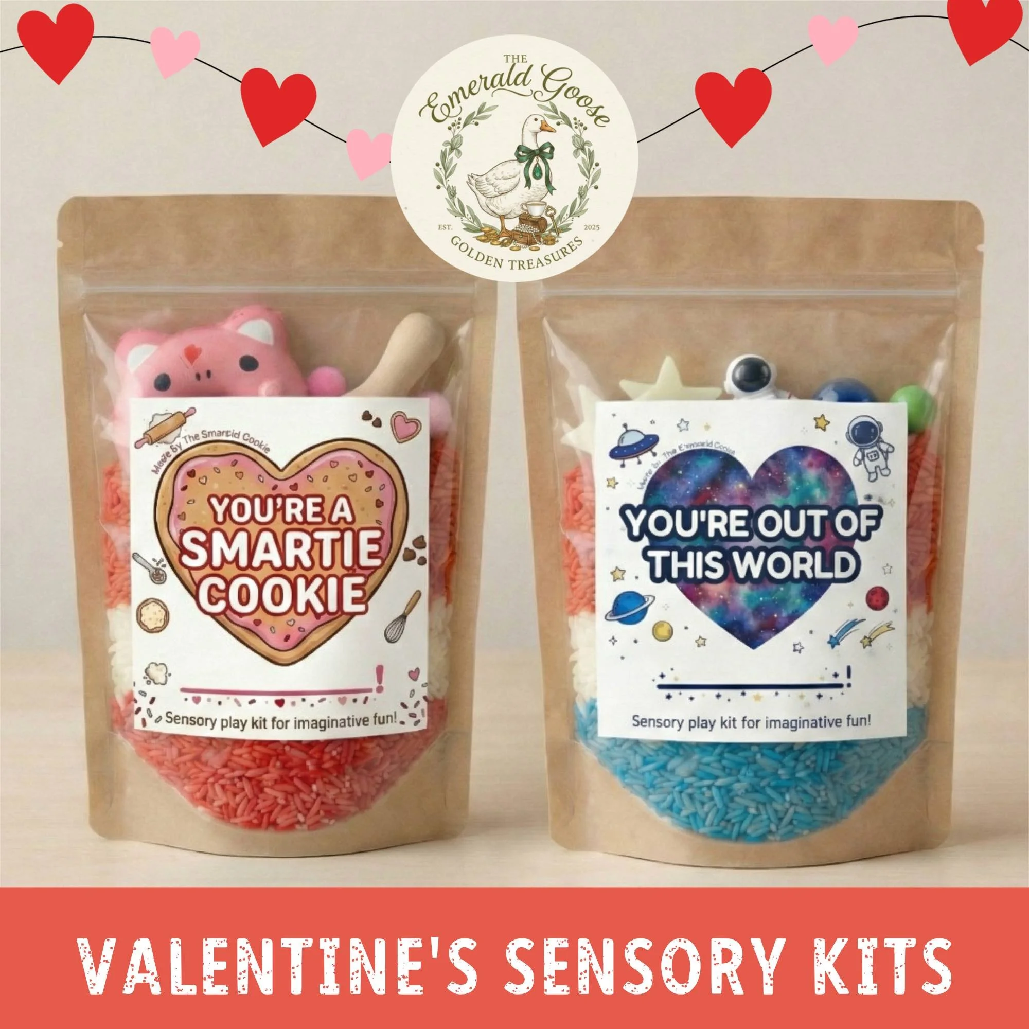 Two Valentine-themed sensory kits in resealable pouches, one with pink and red rice and a plush pig toy, labeled "You're a Smartie Cookie" and the other with blue and white rice and small space-themed toys, labeled "You're Out of This World."