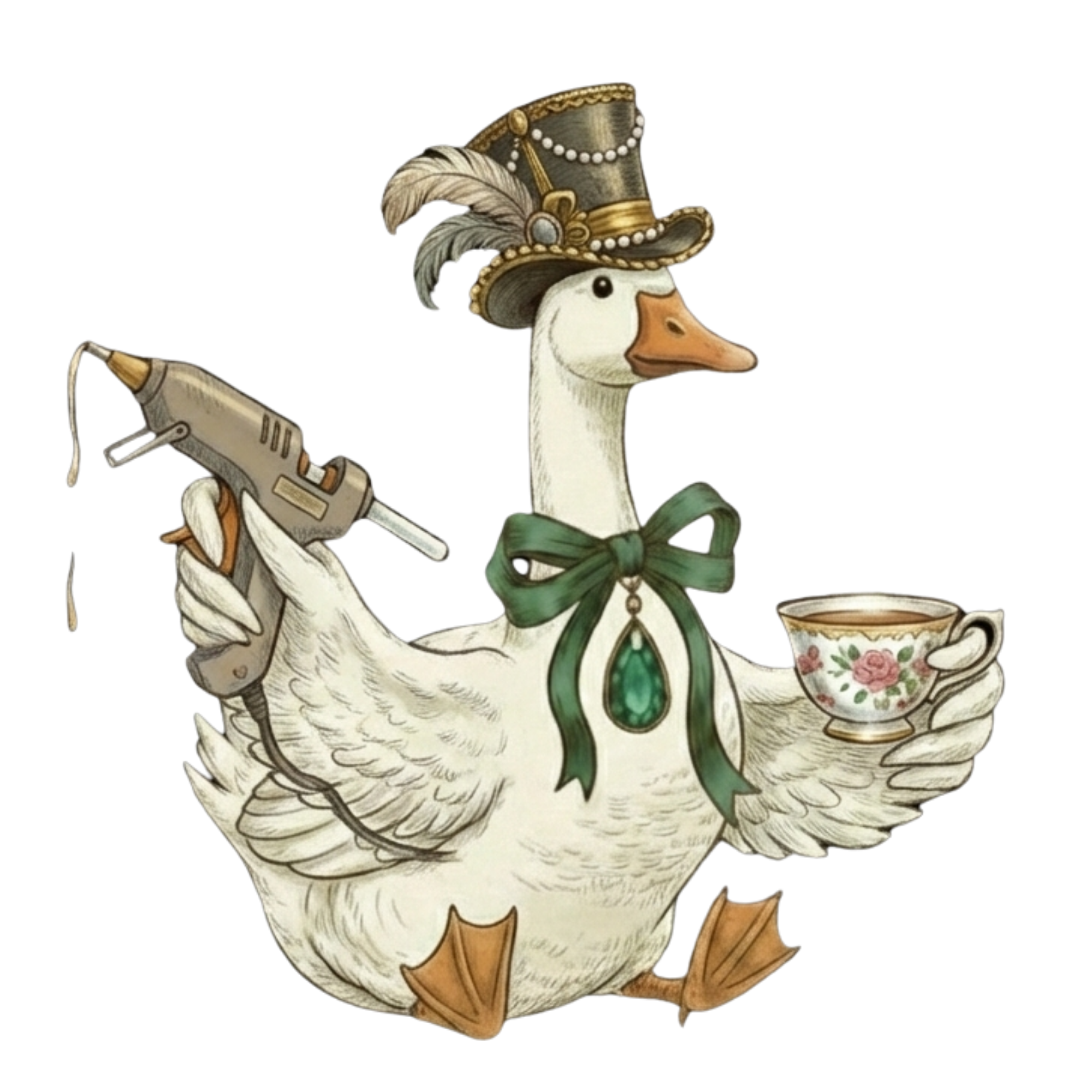 A cartoon illustration of a duck dressed in fancy attire, wearing a tall, decorated hat with feathers, a green bow with a large green gemstone, and holding a tea cup and a hot glue gun.