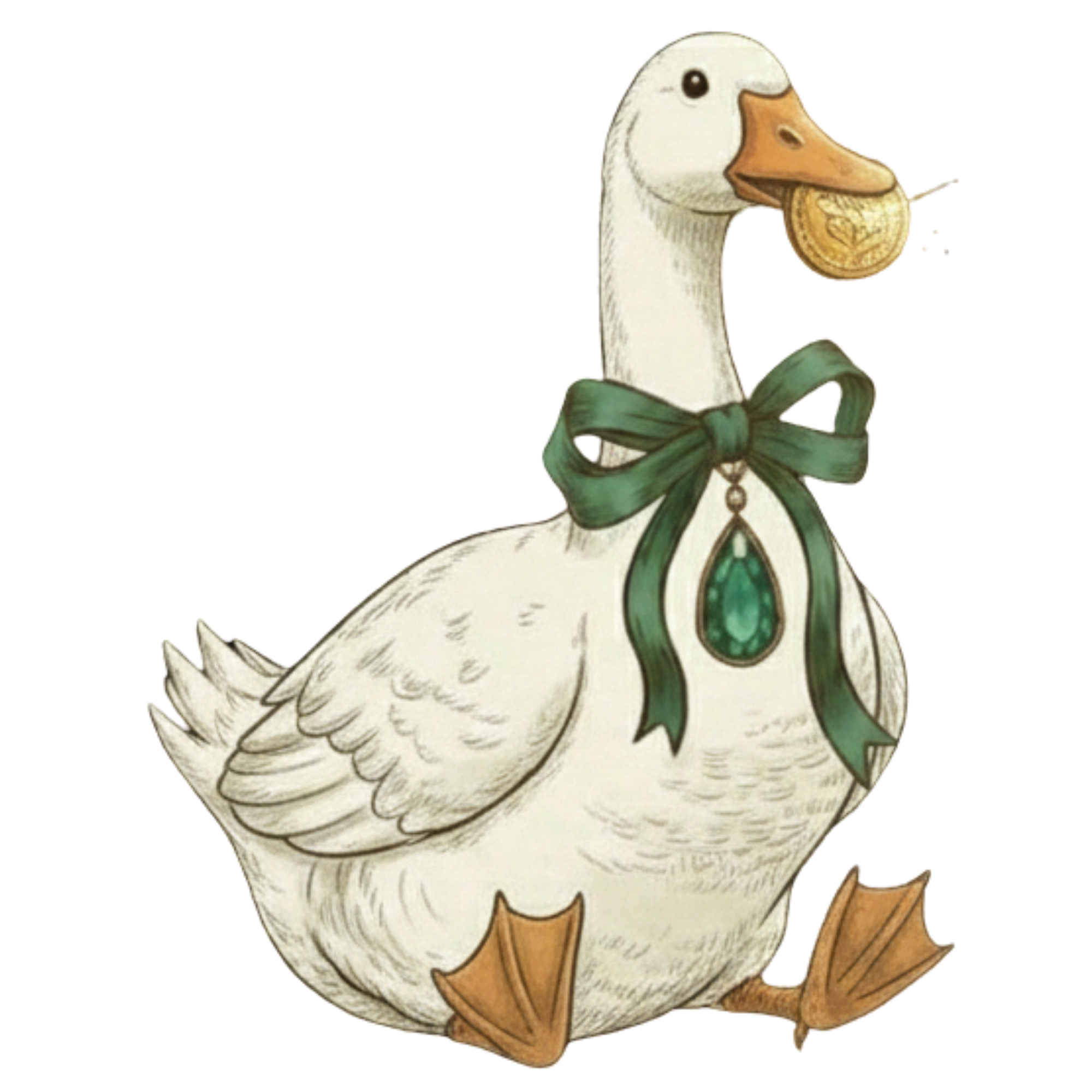 Illustration of a duck dressed as a noblewoman, wearing a green ribbon bow and a necklace with a large green gemstone, holding a cookie in its beak.