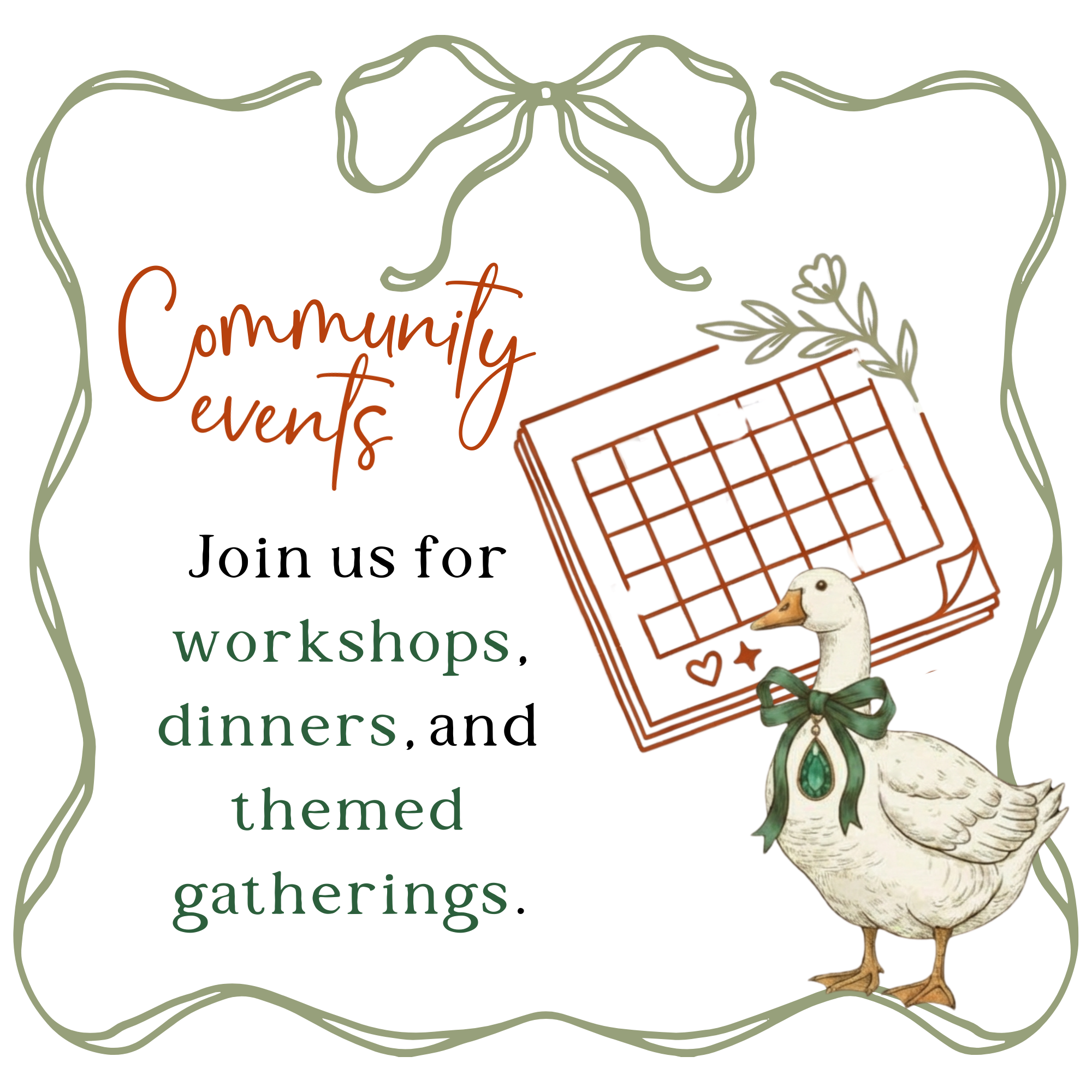 Decorative illustration featuring a duck adorned with a green ribbon, a tilted red wire cage with a branch and heart detail, and some partially visible text in a green and black font.
