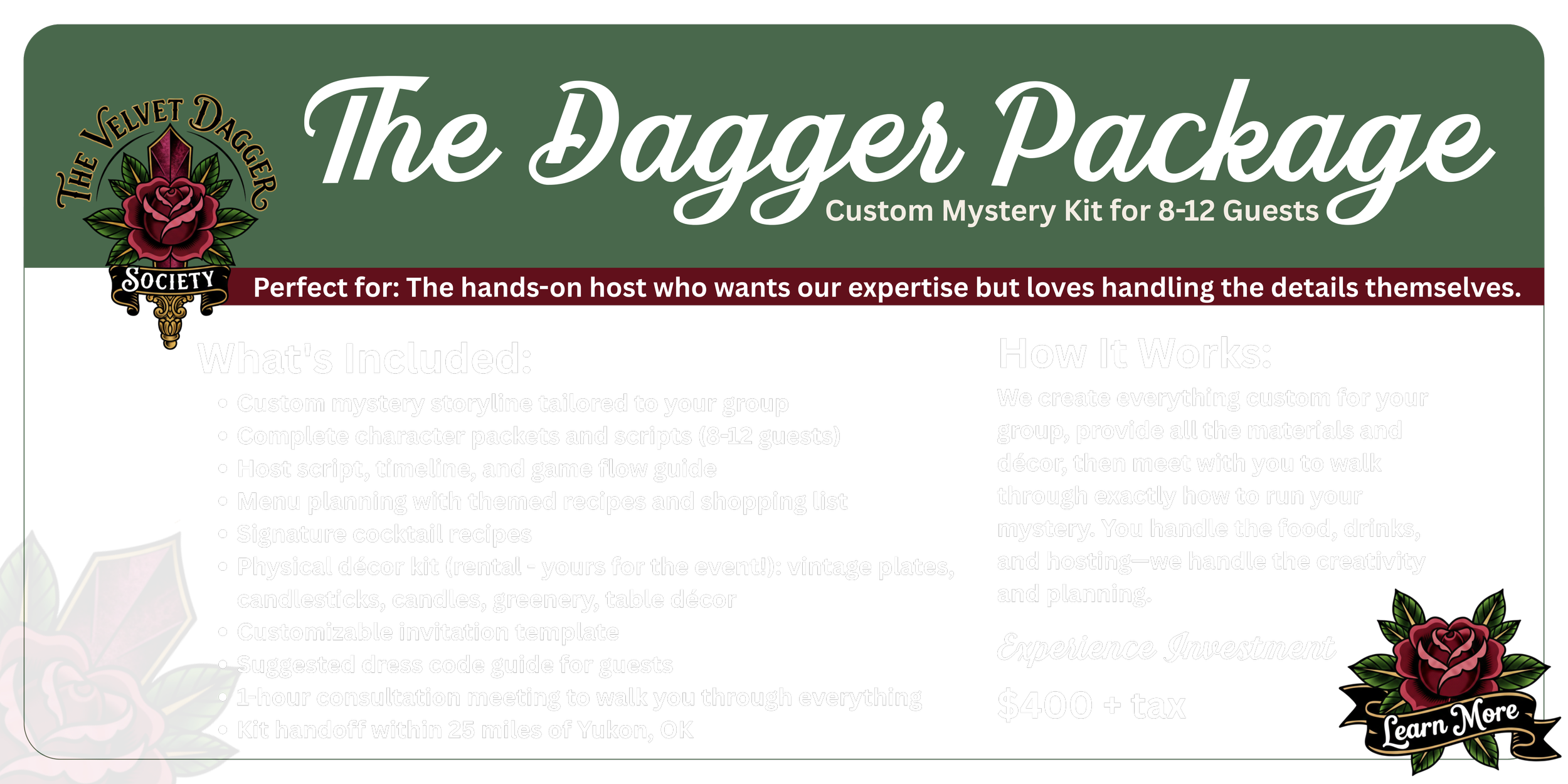 A promotional flyer for The Dagger Package, a custom mystery kit for 8-12 guests, featuring a dark floral design with roses and green leaves, and text detailing what is included and how the experience works.