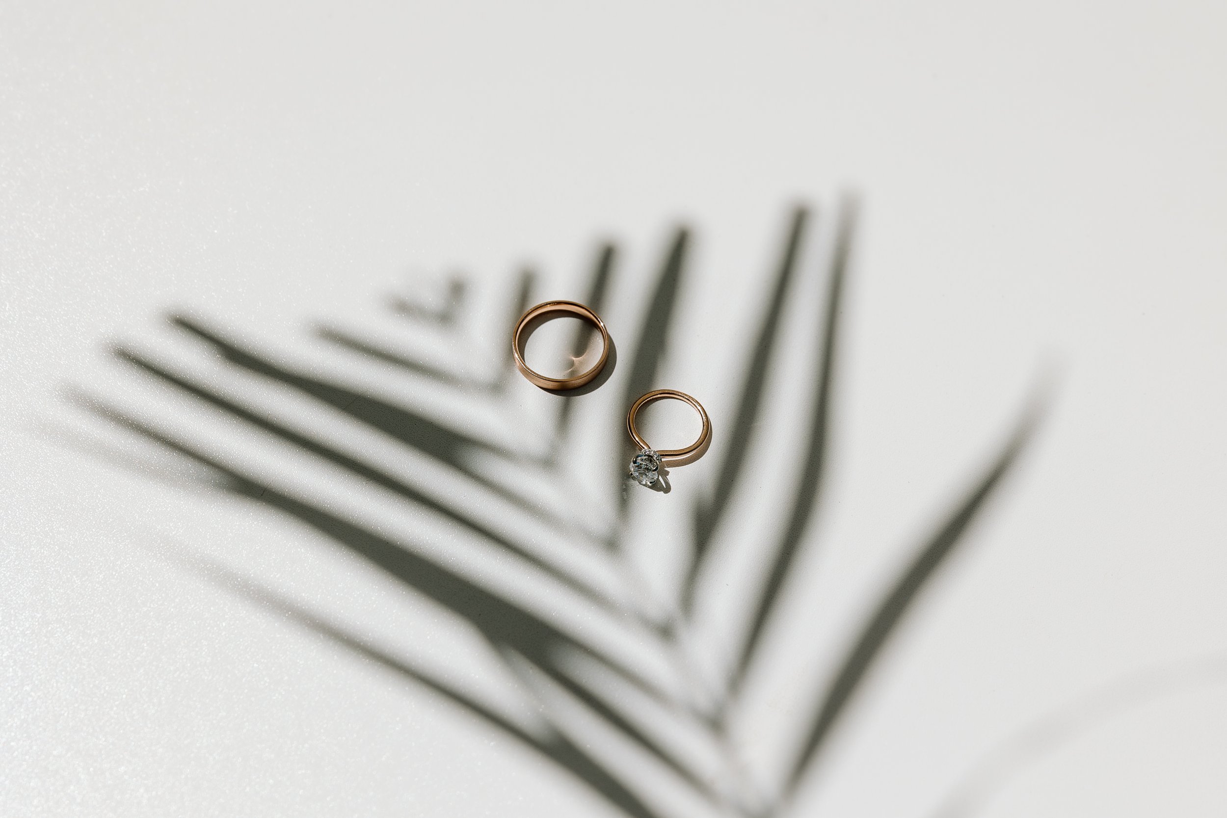 Two gold rings, one with a diamond, on a white surface casting shadow of a palm leaf.