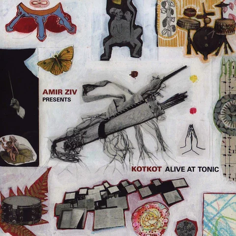 Collage of various illustrations and photographs, including a person lying on a hospital bed, a butterfly, a statue, drums, a snake, a map, and text that reads 'Amir Ziv Presents' and 'Kotkot Alive at Tonic'.