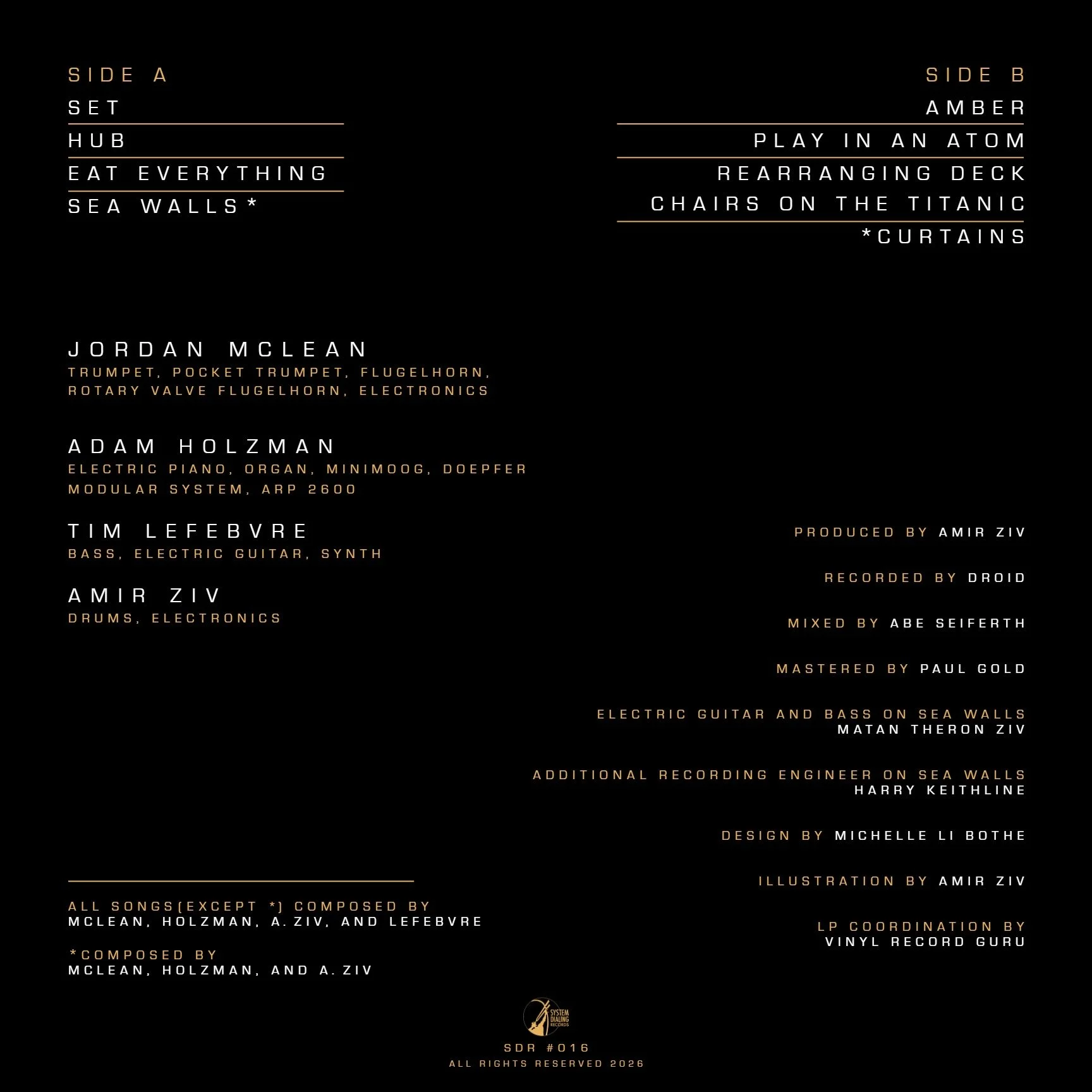 Black background with song and artist credits, production details, design, and illustration credits in gold and white text, separated into sections for Side A and Side B, with various musicians and engineers listed.