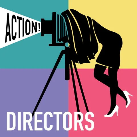 Silhouette of a woman in high heels looking through a vintage movie camera with the word 'ACTION!' coming out of the lens, and the word 'DIRECTORS' at the bottom, on a colorful, striped background.