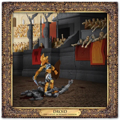 A robot knight in armor engaged in combat inside an arena with an audience watching from the stands, with banners hanging from the arena walls.