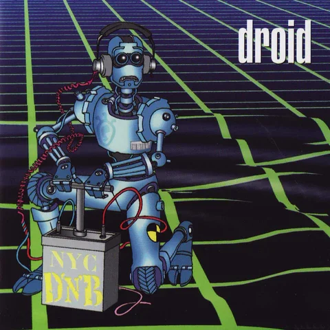 A cartoon robot with headphones, sitting on a digital grid background, holding a battery labeled 'NYC DNB' and connected to red wires, with the word 'droid' in the top right corner.