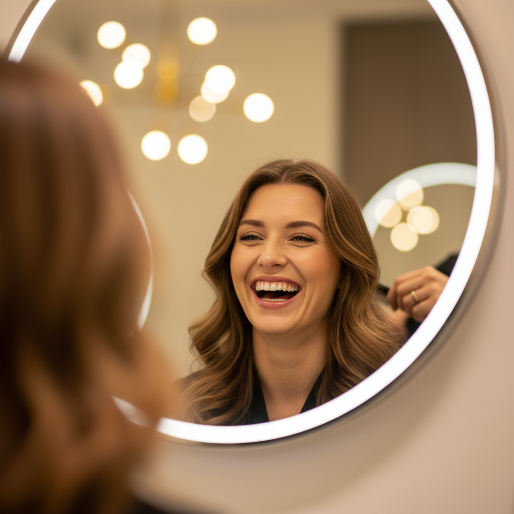 Een lachende vrouw kijkt in een ronde spiegel die een verlichte rand heeft, terwijl een stylist haar haar verzorgt in een salon van ELURE Hair Clinic.