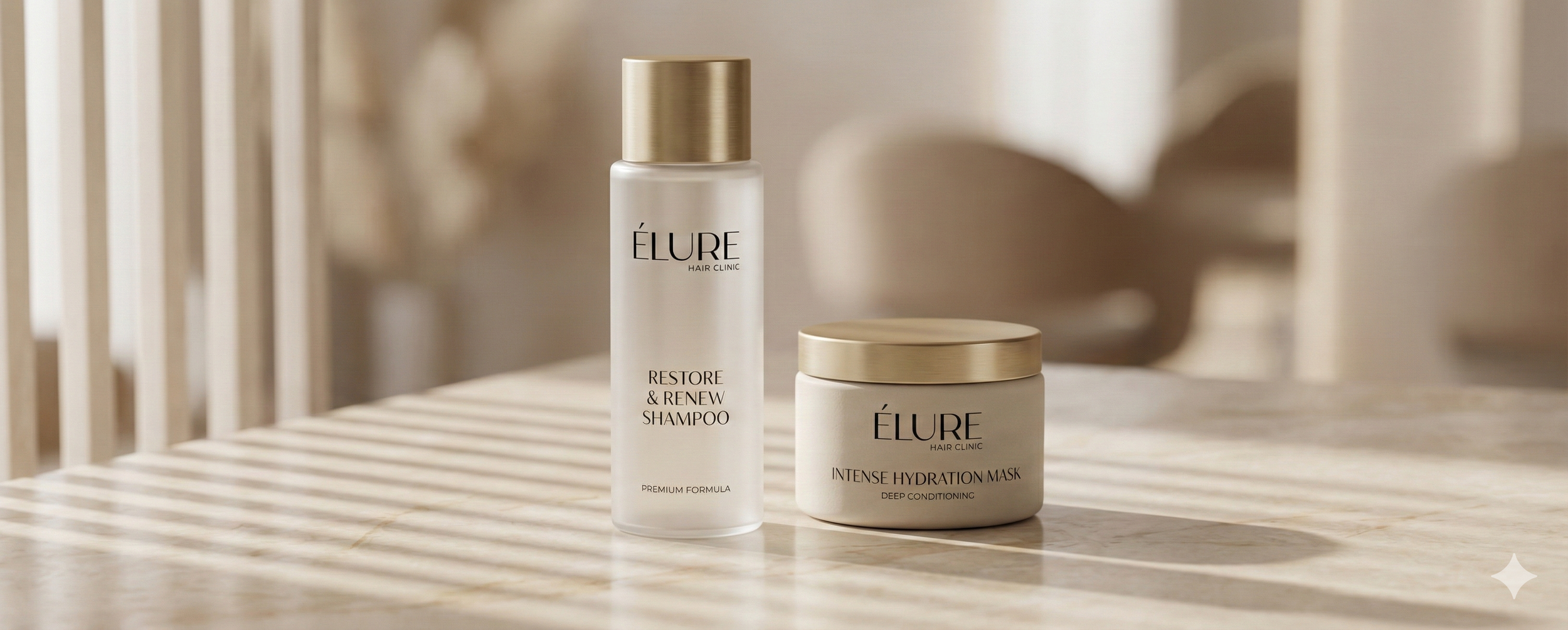 Een fles shampoo en een pot masker van het merk ÉLURE op een lichte marmeren tafel in een natuurlijke, zachte belichting.