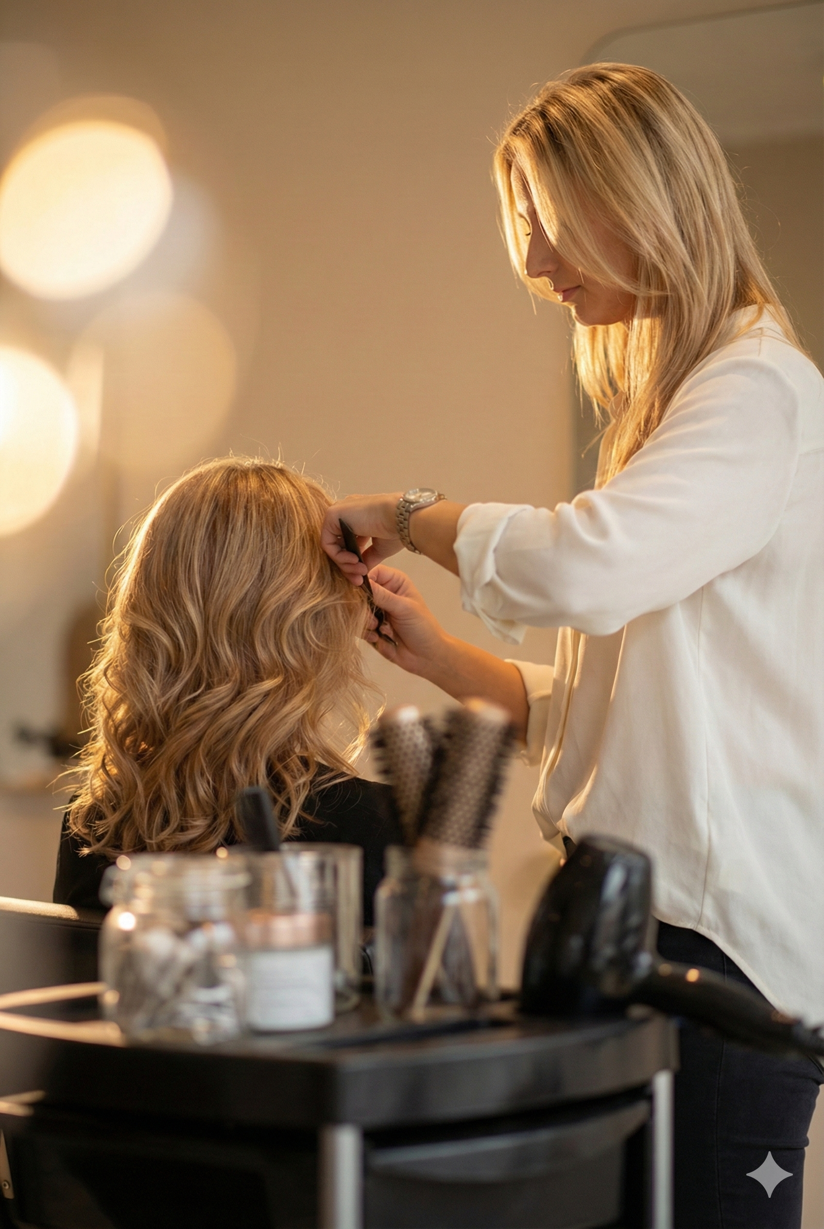 Katharina geeft in het salon van Élure Hair Clinic een styling- en knipbeurt aan een klant met mooie golvend blond haar.