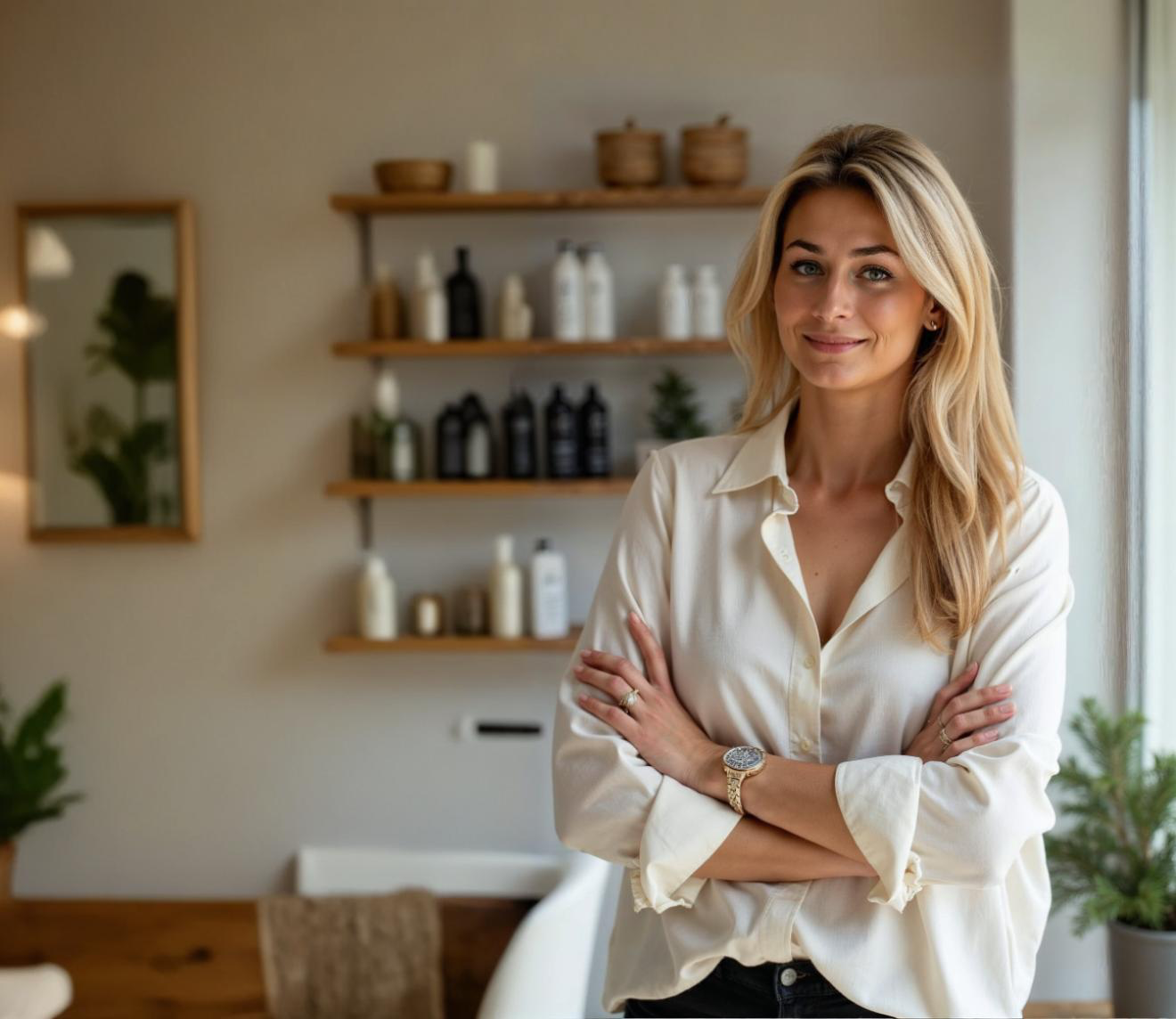 Katharina met blond haar in een witte blouse, staat met gekruiste armen in een interieur van Élure Hair Clinic.