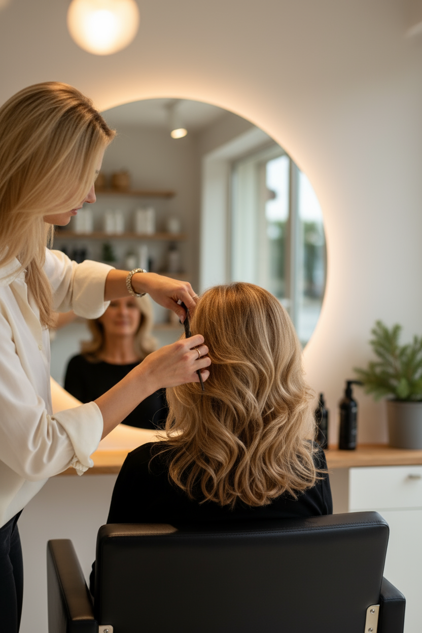 Een haar stylist knipt het haar van een tevreden klant klant met lang, golvend, lichtbruin haar in een haarstudio, terwijl een andere klant op de achtergrond toekijkt in het salon van Élure Hair Clinic..
