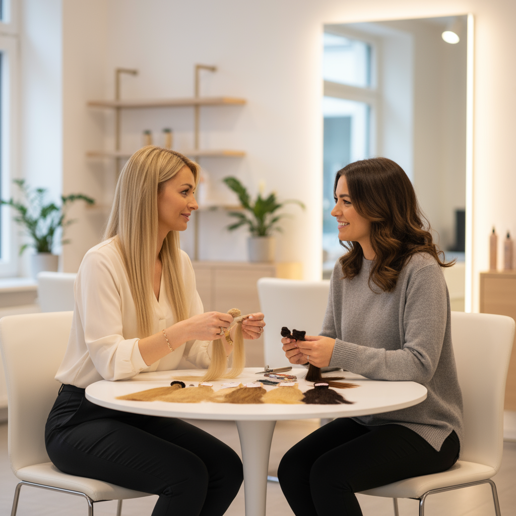Twee vrouwen zitten samen aan een witte tafel bij Élure Hair Clinic en krijgen een gesprek over verschilen in extensions en de nodige haarverzorging.