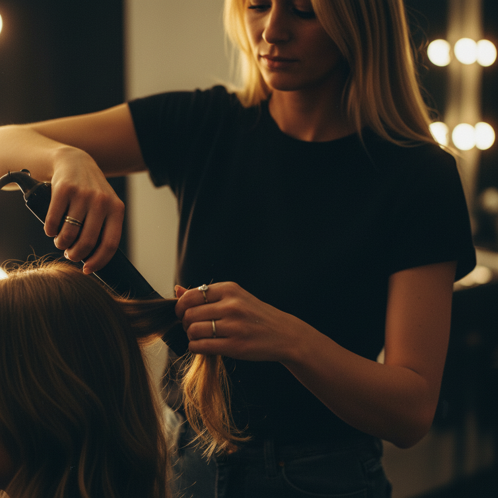 Kapper die haar van klant in een salon styleert in een warme, zachte belichte omgeving.