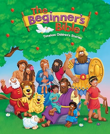Cover of The Beginner's Bible, featuring animated characters of Noah, animals, and children under a large green tree with red apples, with a bright sky background.
