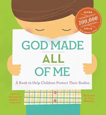 Children holding a sign that says, 'God Made All of Me' for a book about helping children protect their bodies.