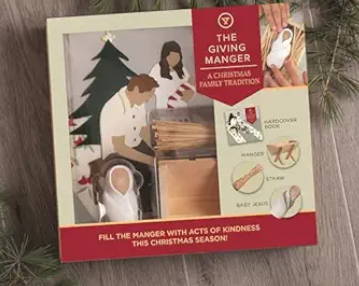 Christmas family tradition game titled 'The Giving Manger' featuring illustrations of a family, a Christmas tree, and instructions to fill the manger with acts of kindness.