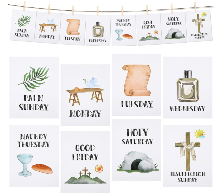 A set of illustrated signs depicting days of the week and religious themes, hung on a clothesline with clothespins. The signs include palm branch for Palm Sunday, a desk with a dove for Monday, a scroll for Tuesday, a bottle of perfume for Wednesday, a chalice and bread for Maundy Thursday, a cross and sun for Good Friday, an empty stone tomb for Holy Saturday, and a cross with a cloth for Resurrection Sunday.