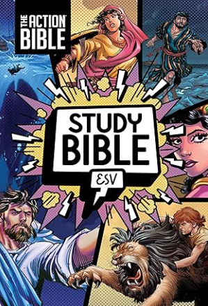 Comic-style cover of Study Bible featuring characters from the Bible with vibrant colors and dynamic illustrations.