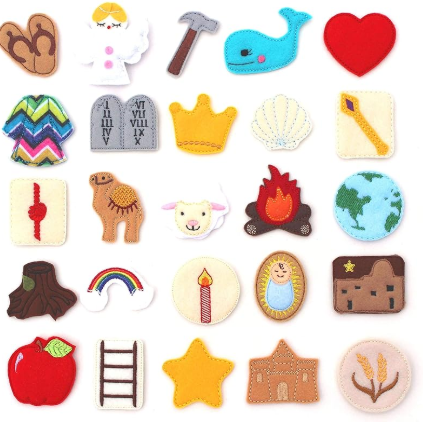 Collection of 25 embroidered patches including a heart, whale, crown, flame, apple, rainbow, star, ladder, and other various shapes.