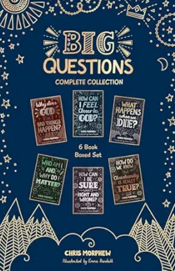 Cover of a book collection titled "Big Questions" including six boxed books on topics like God, feelings, death, and truth, with a decorative starry sky background.