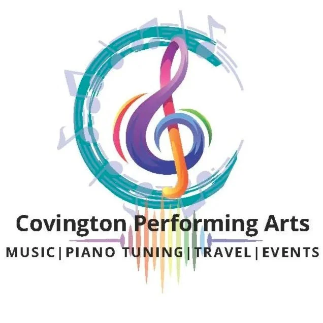 Logo for Covington Performing Arts featuring a colorful treble clef surrounded by a circular design, with text listing services like music, piano tuning, travel, and events.