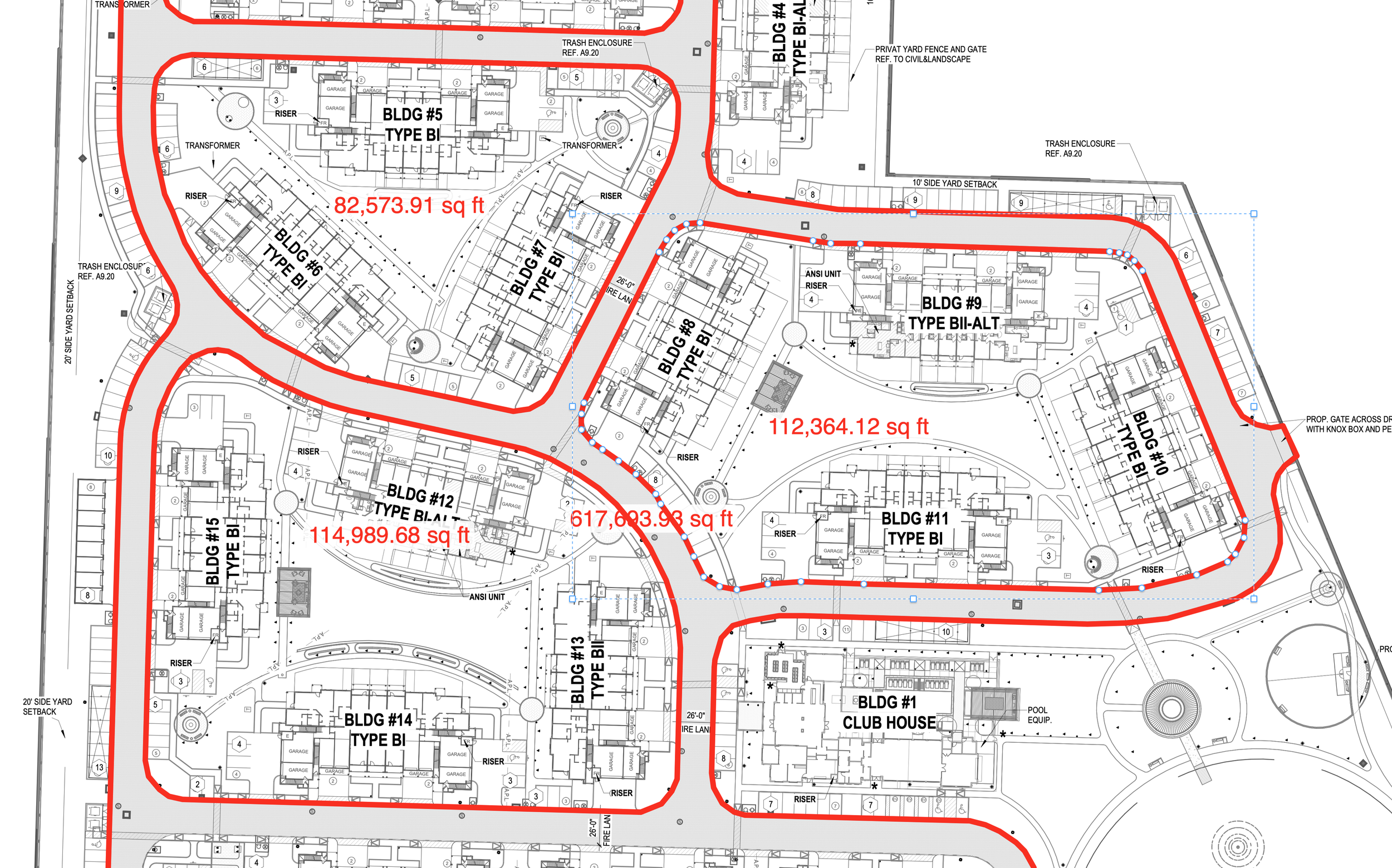 Architectural site plan showing multiple buildings and parking areas with red boundary lines and labeled square footage for each building.