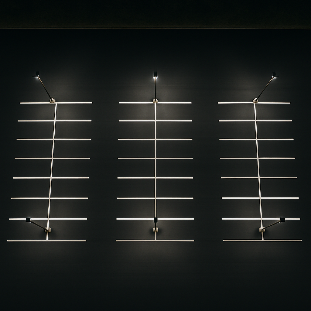 Three illuminated parking lot lights above empty parking spaces on a dark roof.