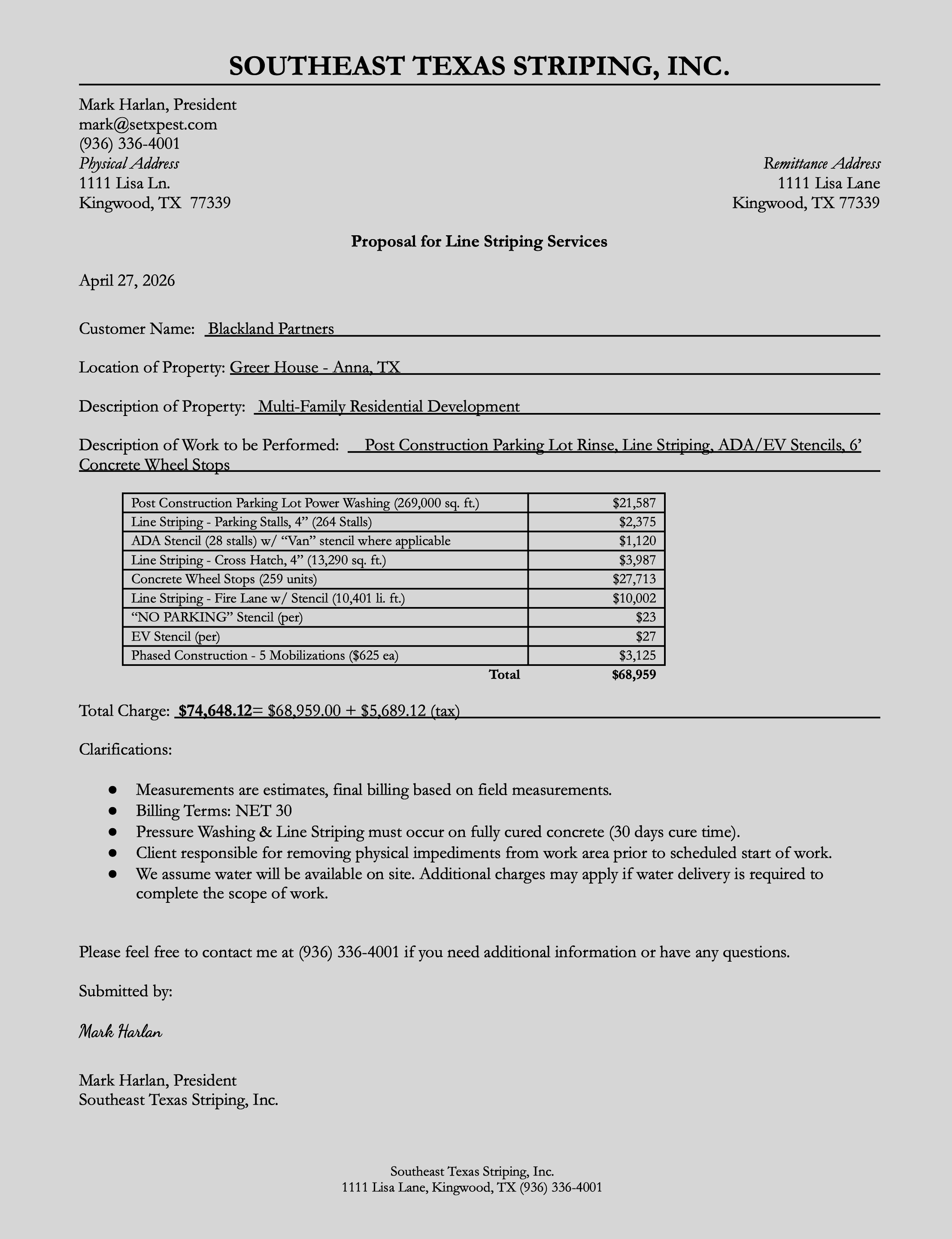 Business proposal document from Southeast Texas Stripping, Inc., with details about line striping services, costs, and contact information.