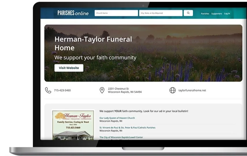 A new advertiser listing for Herman-Taylor Funeral Home: a photo header reading We support your faith community with a Visit Website button, contact details in one row, the print ad and a list of supported churches.