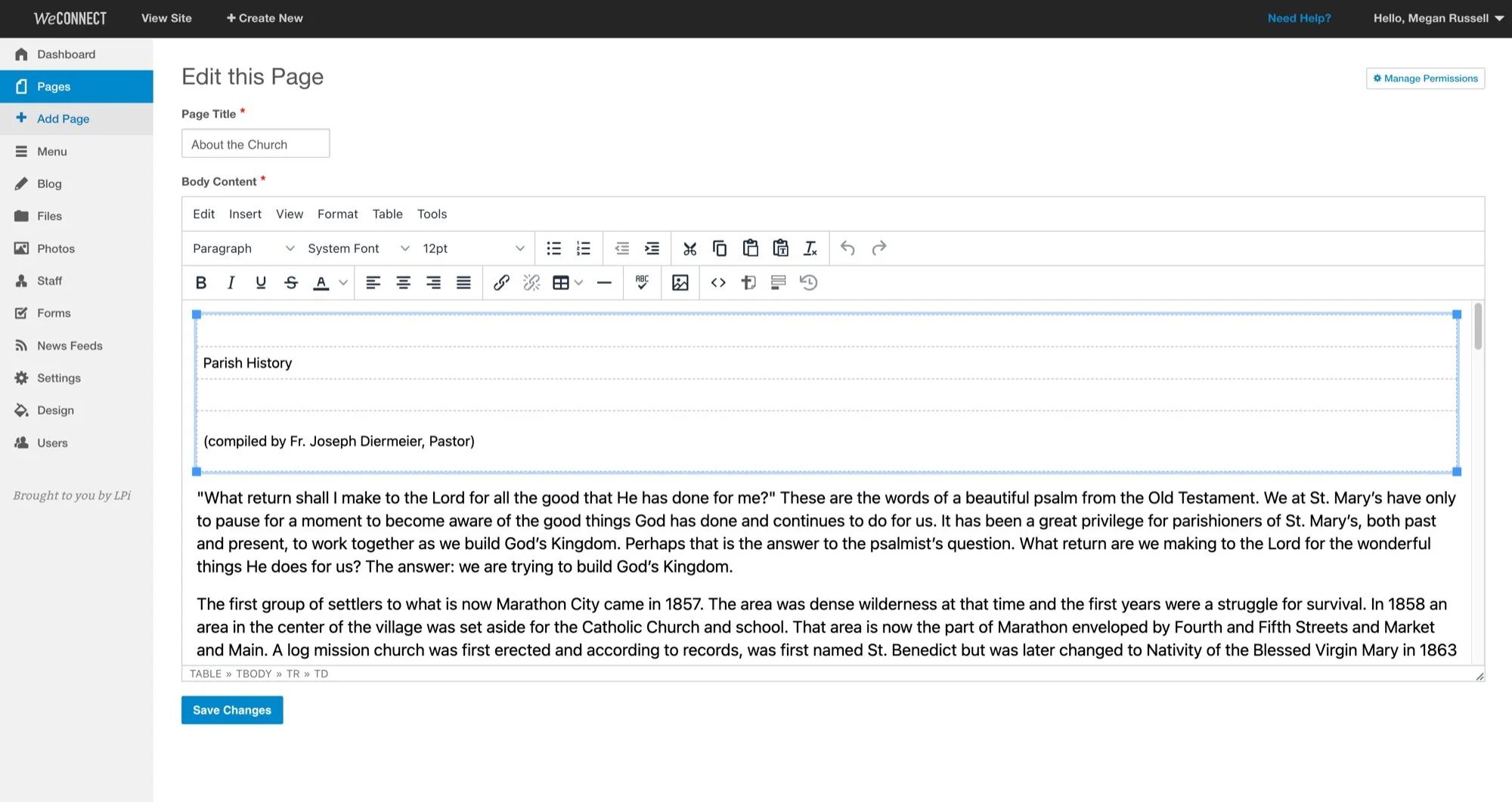 The legacy WeConnect page editor: an About the Church page whose body is one rich-text box, with a table holding the page title and a long block of parish history text.